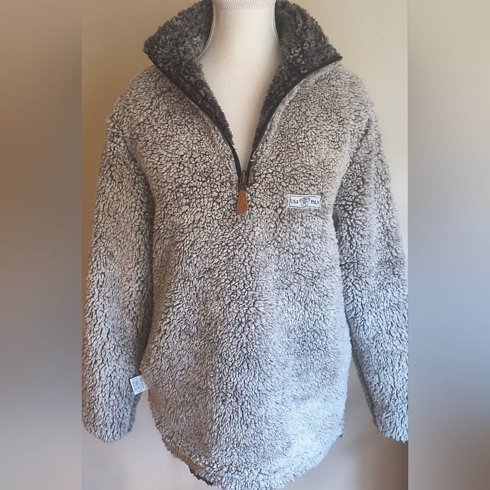 USA Palm Shaggy Fleece Gray Reversible Quarter Zip Pullover Men's XS